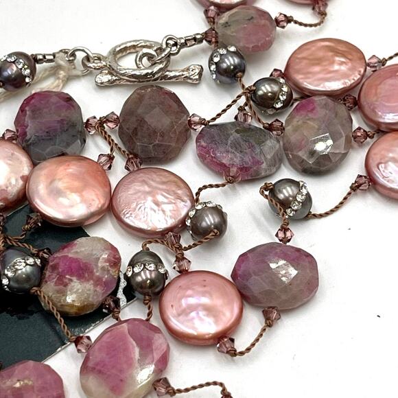 Margo Morrison Raw Ruby Crystallized Gray Pearl Pink Pearl Swarovski Necklace - Picture 8 of 8